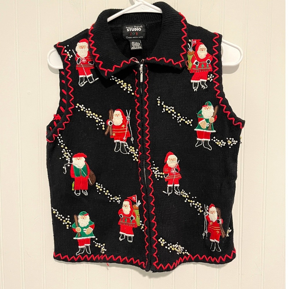 Vintage Designers Originals Studio Joy Zip Vest Women P/S Black Santa Christmas